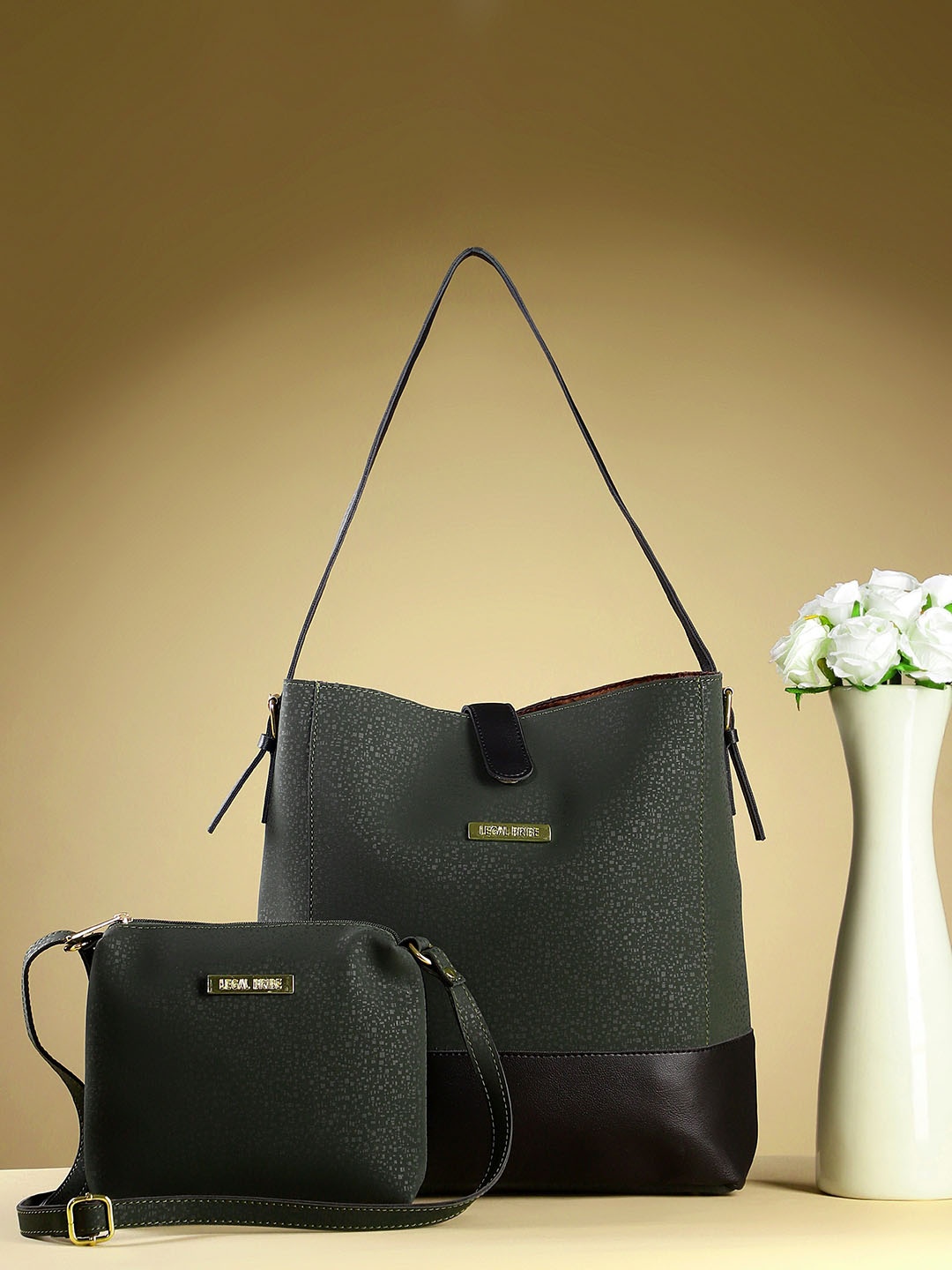 

LEGAL BRIBE Set of 2 PU Textured Shopper Handheld Bag with Cut Work, Olive