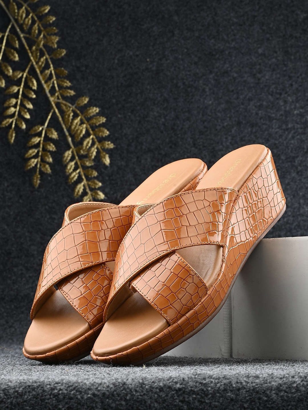 

Anouk Tan Brown Textured Cross Strap Wedges