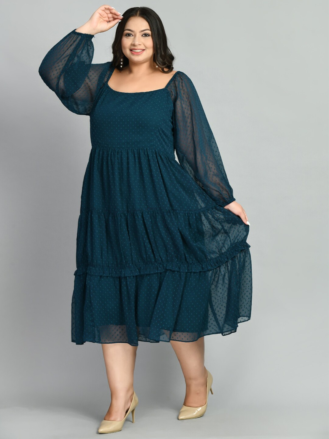 

PrettyPlus by Desinoor.com Plus Size Self Design Tiered Fit and Flare Midi Dress, Teal