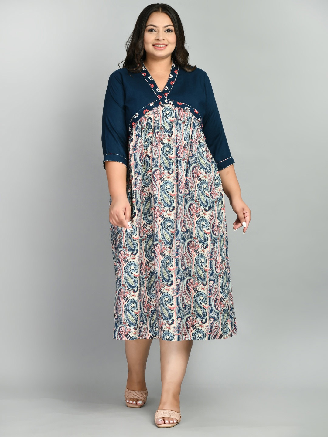 

PrettyPlus by Desinoor.com Ethnic Motifs Paisley Printed Empire Dress, Navy blue