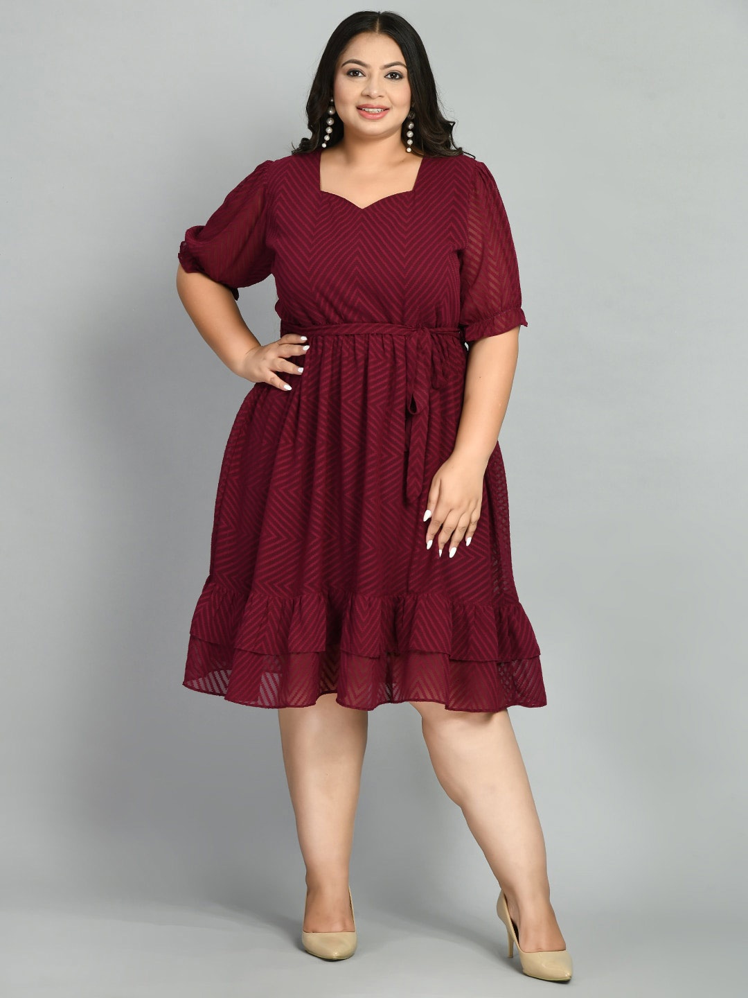 PrettyPlus by Desinoor.com Plus Size Chevron Printed Fit & Flare Dress, Maroon