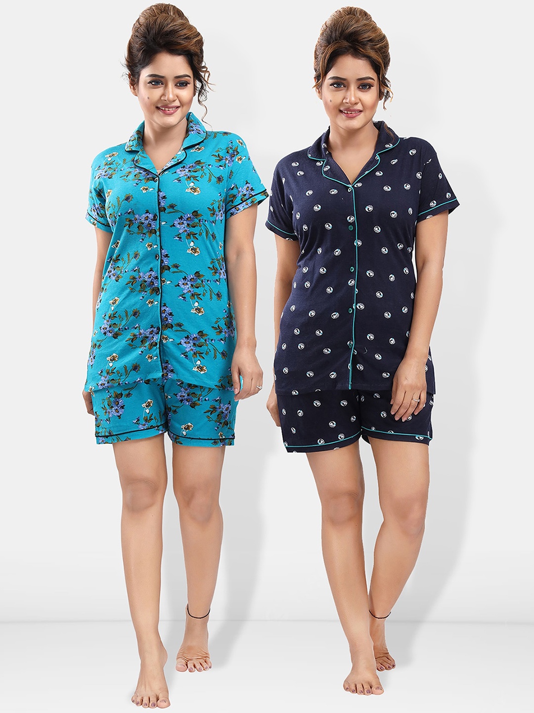

Be You Pack Of 2 Lapel Collar Floral Printed Night Suits, Blue