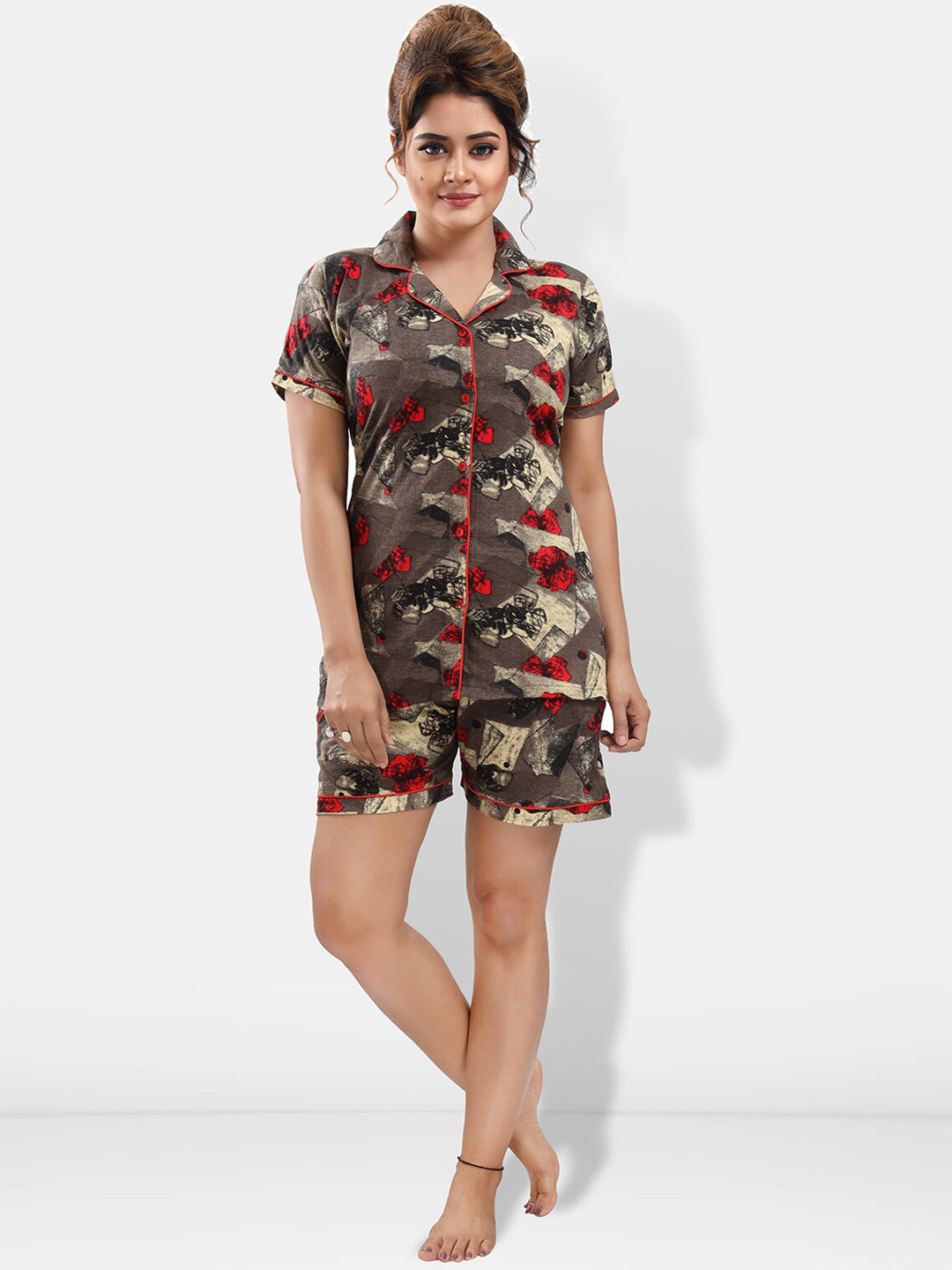 

Be You Abstract Printed Night suit, Brown