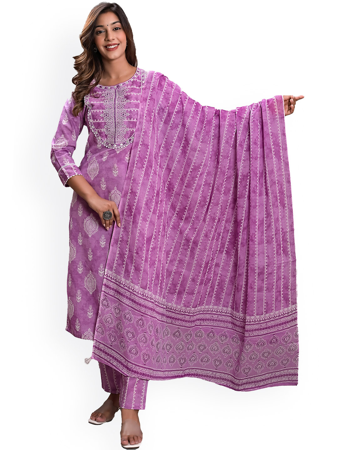 

KASHEEDA Ethnic Motifs Embroidered Thread Work Pure Cotton Kurta with Harem Pants &, Purple