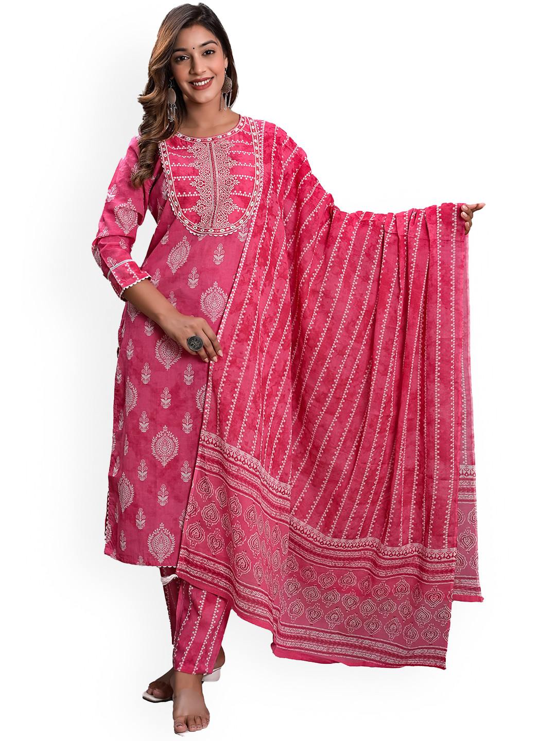 

KASHEEDA Ethnic Motifs Embroidered Thread Work Pure Cotton Kurta with Trousers & With, Pink