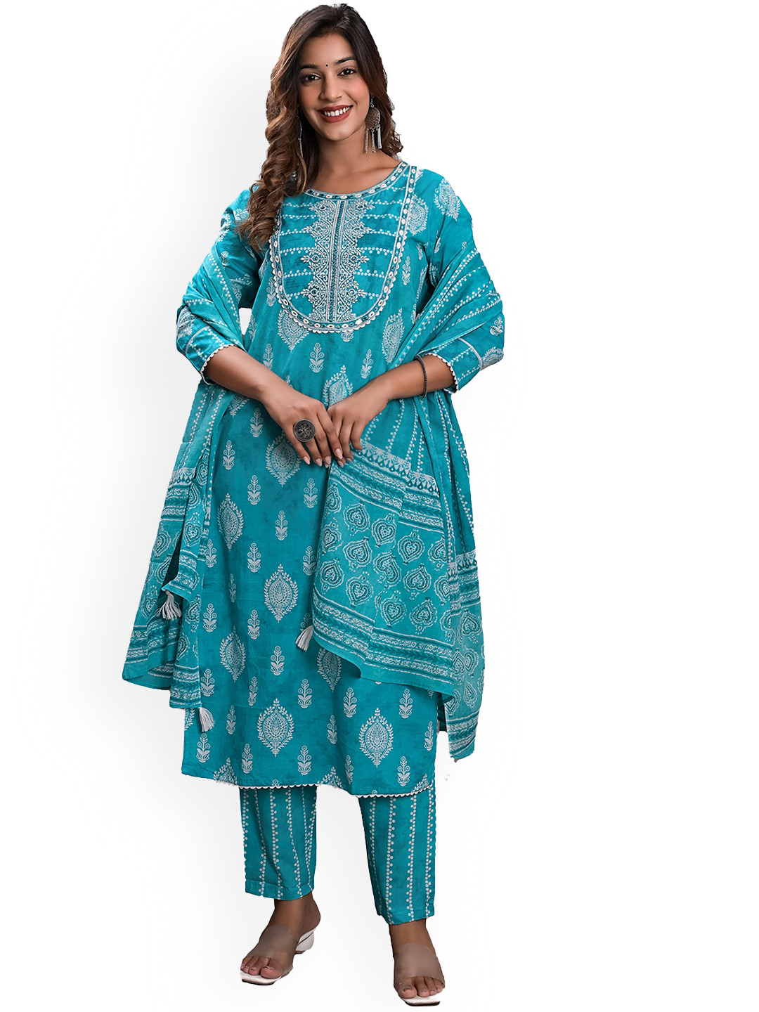 

KASHEEDA Ethnic Motifs Embroidered Regular Thread Work Pure Cotton Kurta Set, Blue