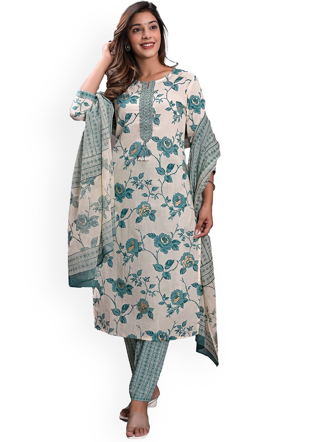 

KASHEEDA Floral Printed Beads and Stones Pure Cotton Kurta with Harem Pants & With Dupatta, Blue