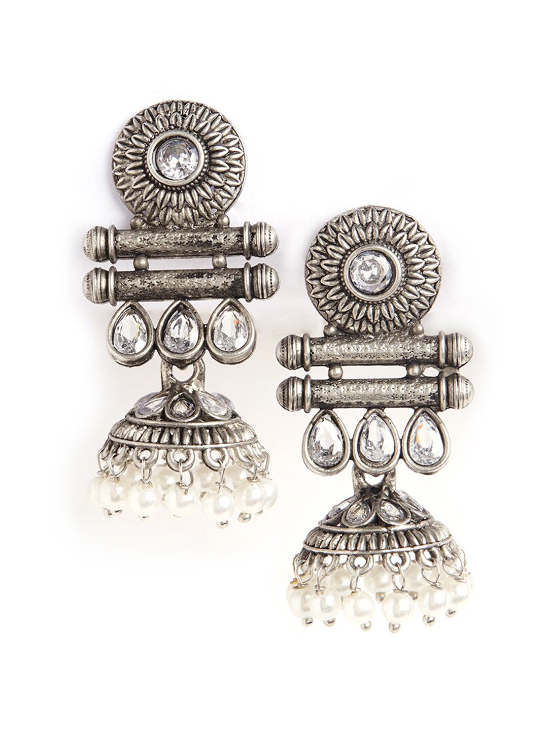 

HOT AND BOLD Silver-Plated Oxidised Dome Shaped Jhumkas Earrings