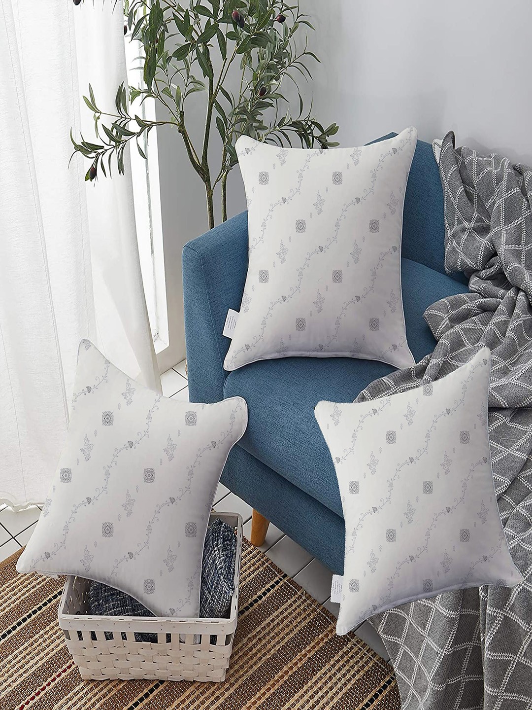 

THE WHITE MOSS Olive Grey & White 3 Pieces Floral Square Cotton Cushion Covers