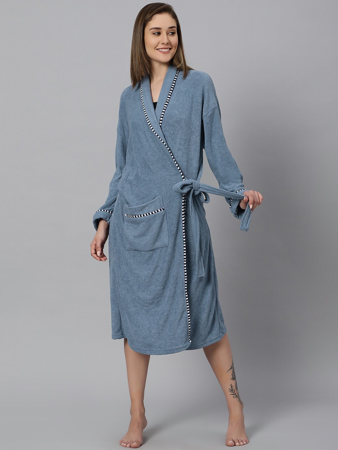 

HotGown Women Printed Collar Terry Cotton Bathrobe, Blue