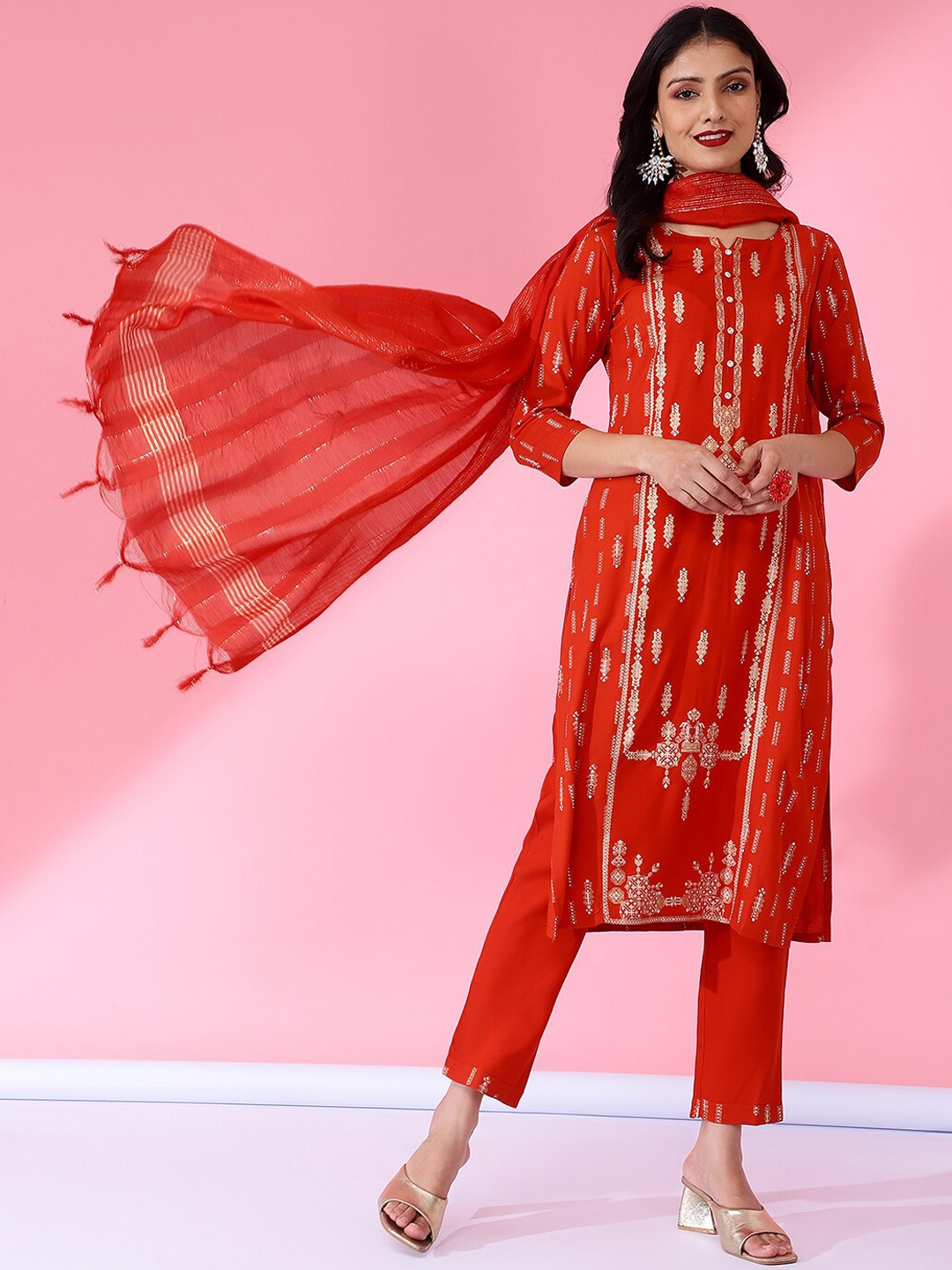 

Bani Women Ethnic Motifs Printed Liva Kurta With Trousers & Dupatta, Red