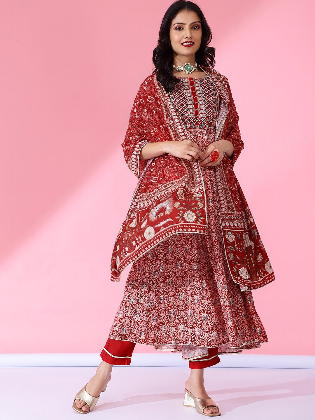 

Bani Women Floral Printed Regular Liva Anarkali Kurta With Trousers & Dupatta, Red