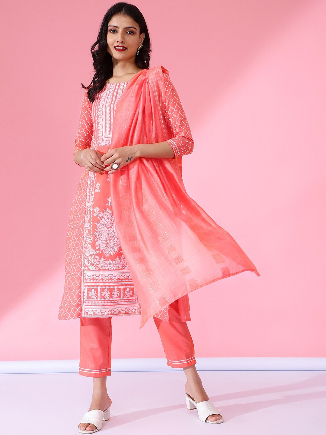 

Bani Women Ethnic Motifs Printed Kurta With Trousers & Dupatta, Orange