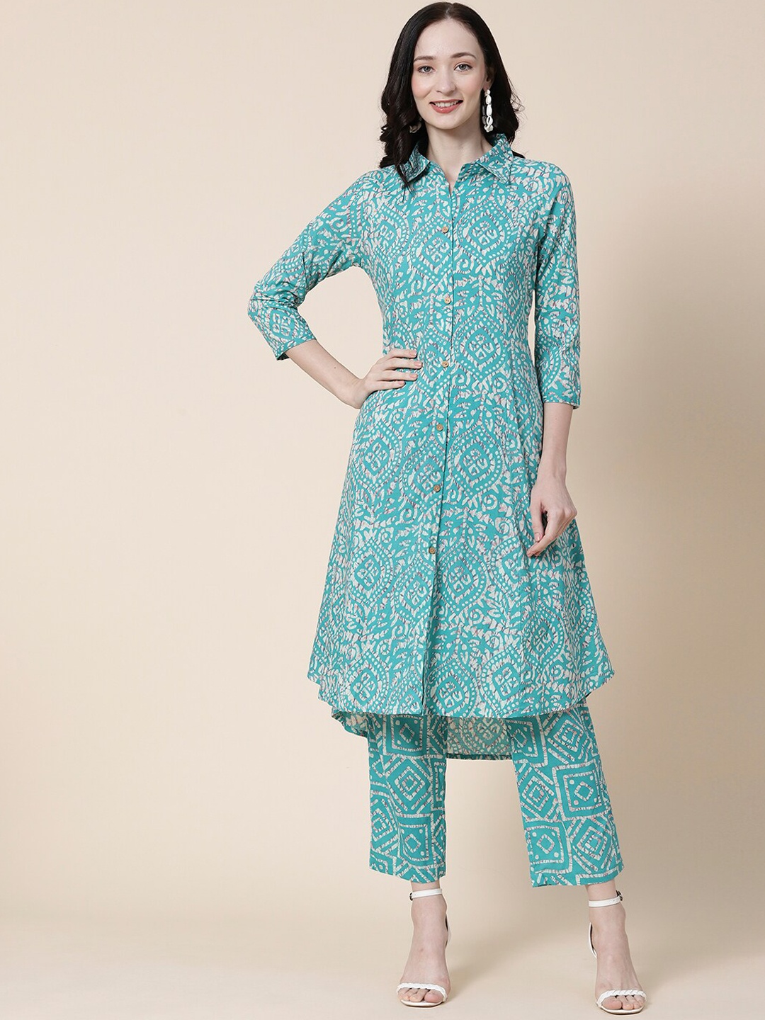

FASHOR Sea Green Printed Panelled Pure Cotton Kurta with Trousers