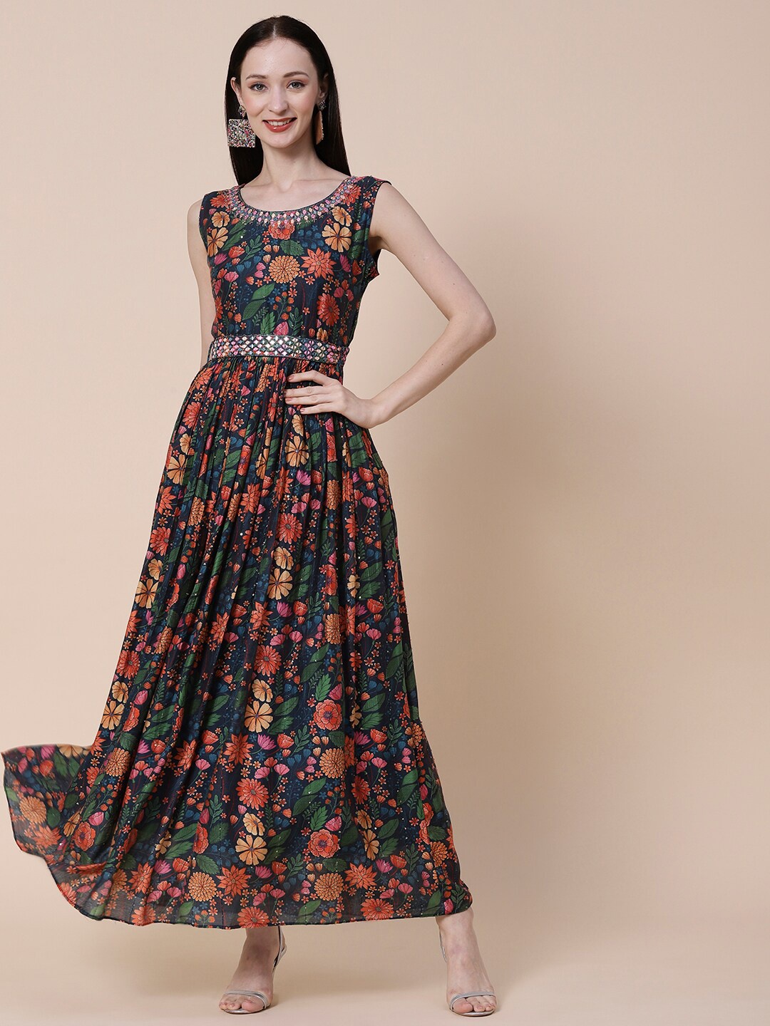 

FASHOR Navy Blue Floral Printed Embellished Crepe Fit & Flare Maxi Ethnic Dress