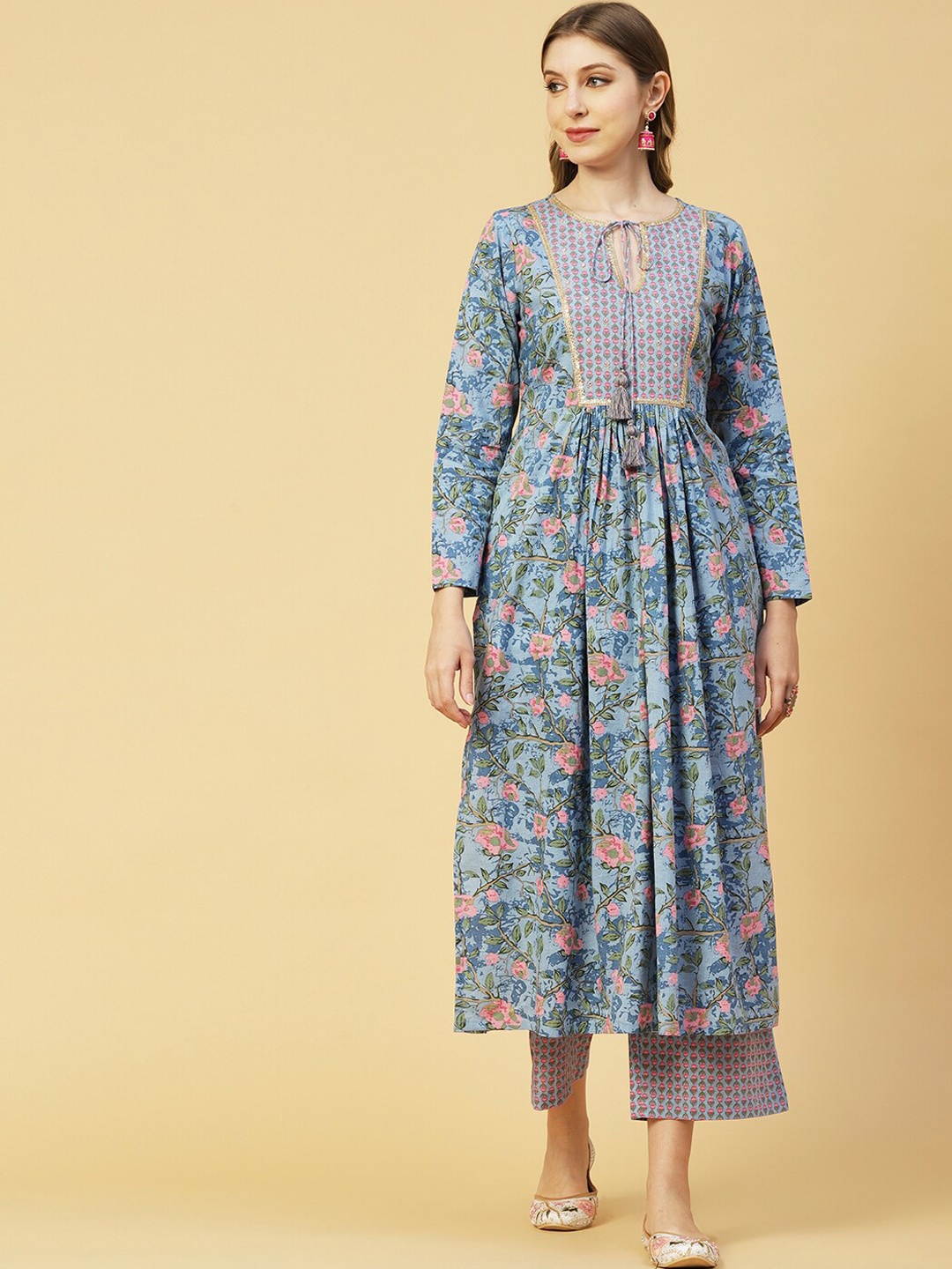 

FASHOR Blue Floral Printed Pleated Pure Cotton Kurta with Palazzos