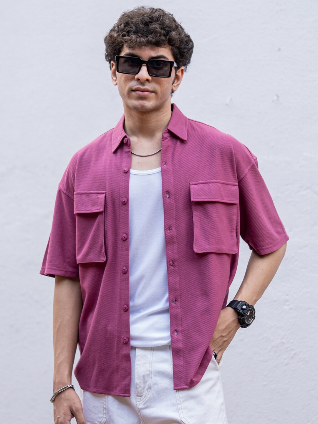 

Powerlook Pink Spread Collar Casual Shirt
