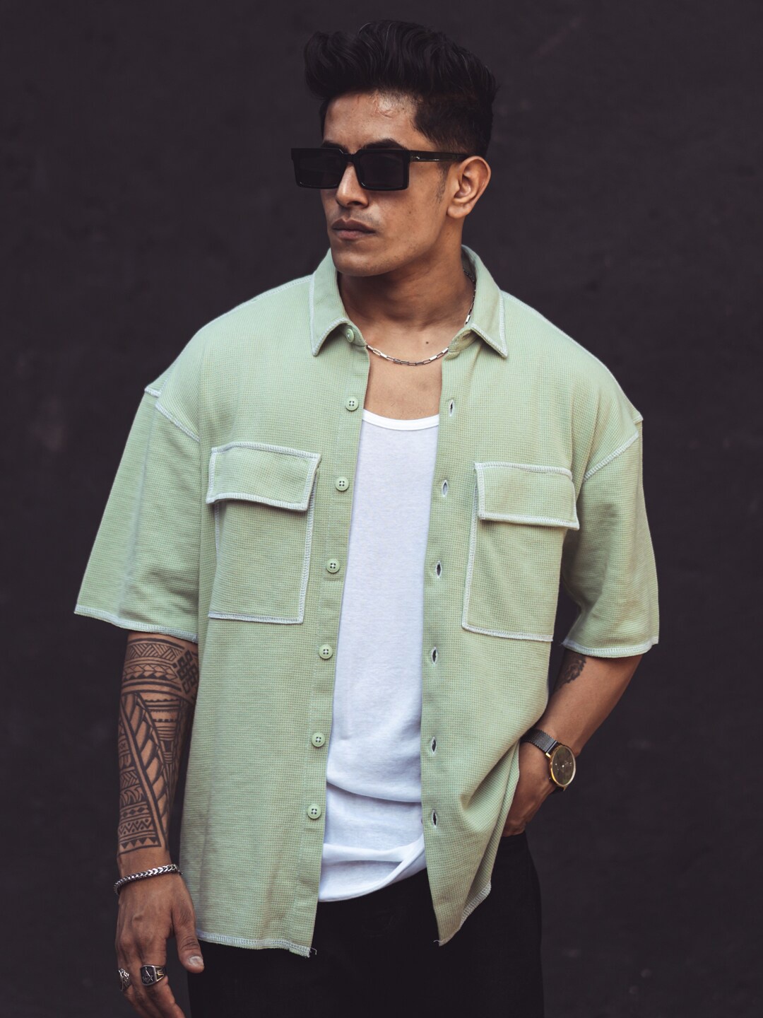 

Powerlook Sea Green Drop-Shoulder Oversized Casual Shirt