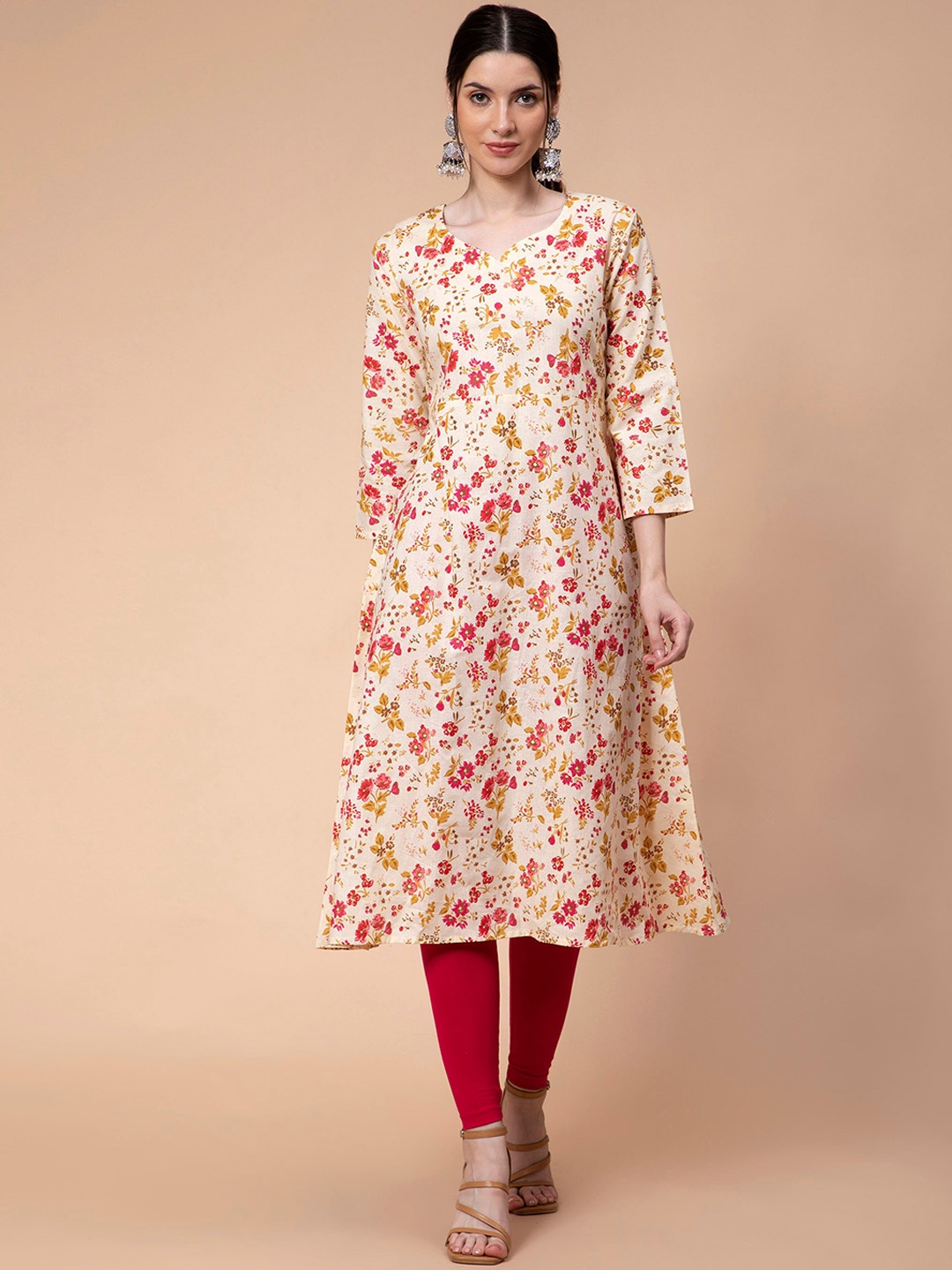 

Fabclub Floral Printed A-Line Cotton Kurta, Cream