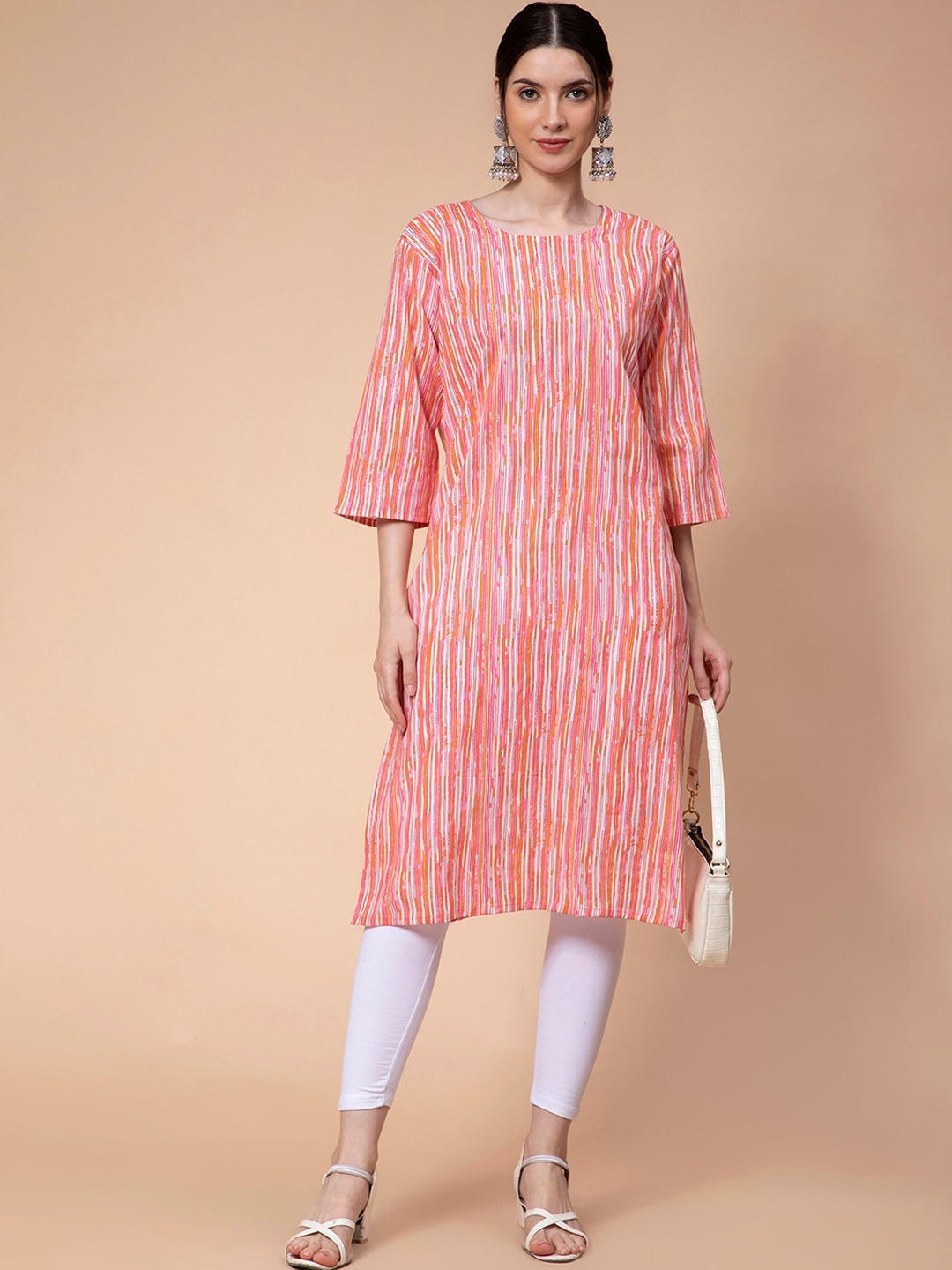 

Fabclub Striped Printed Cotton Kurta, Pink