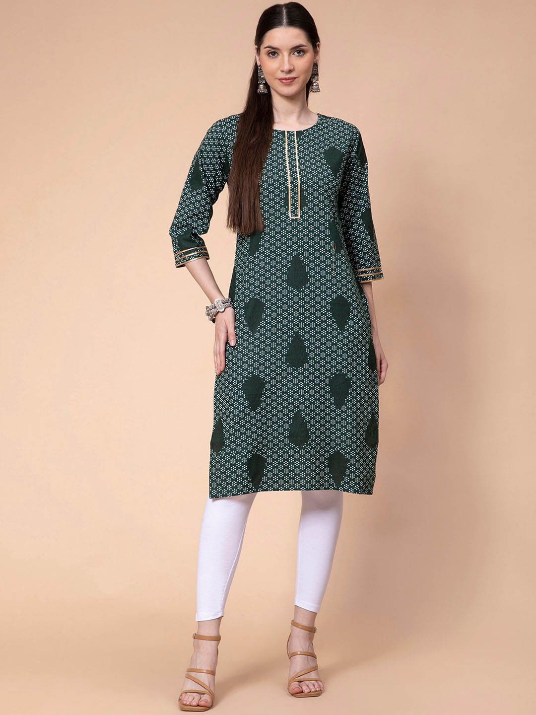 

Fabclub Ethnic Printed Thread Work Cotton Kurta, Green