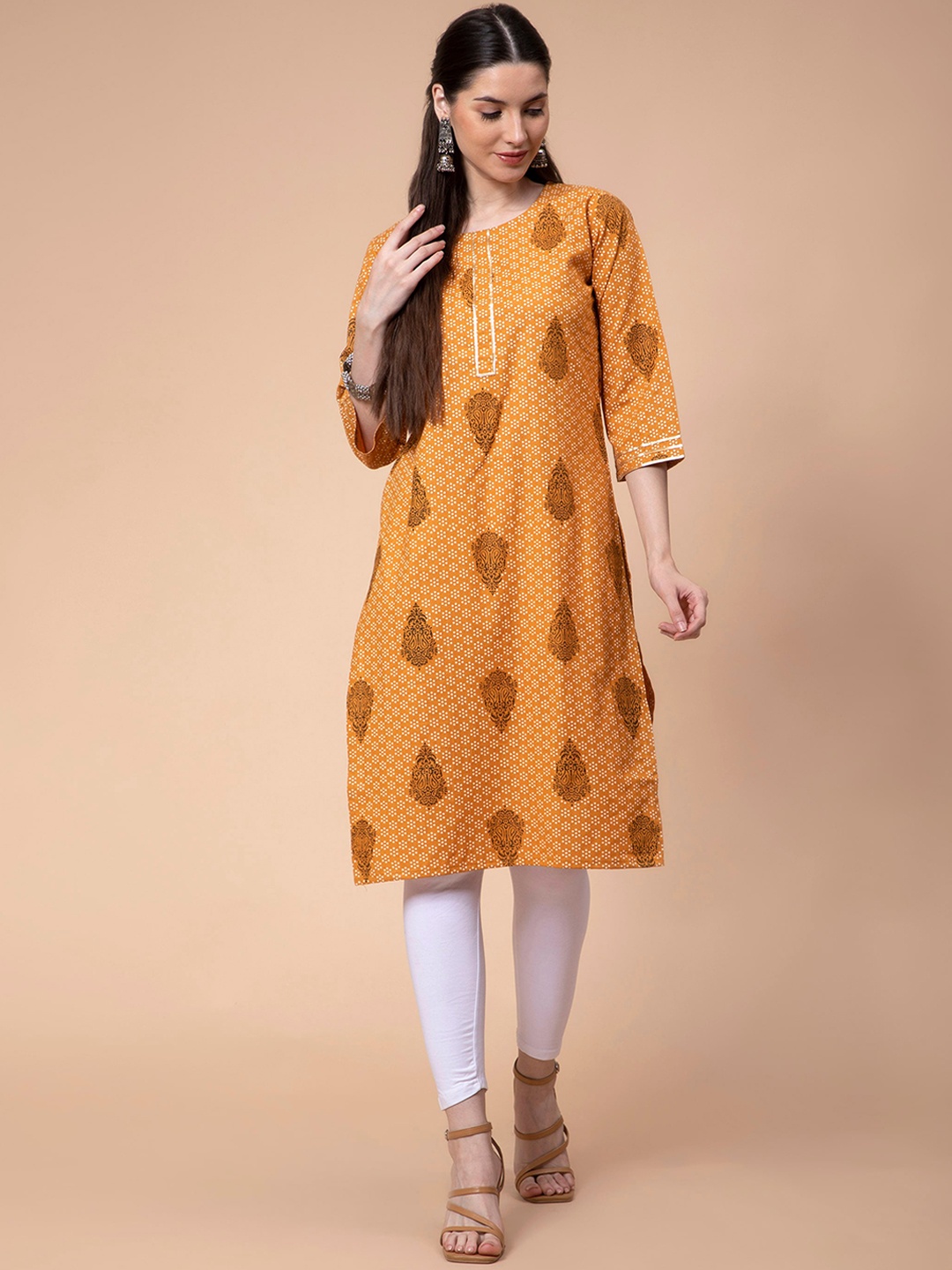 

Fabclub Women Mustard Yellow Ethnic Motifs Printed Thread Work Kurta