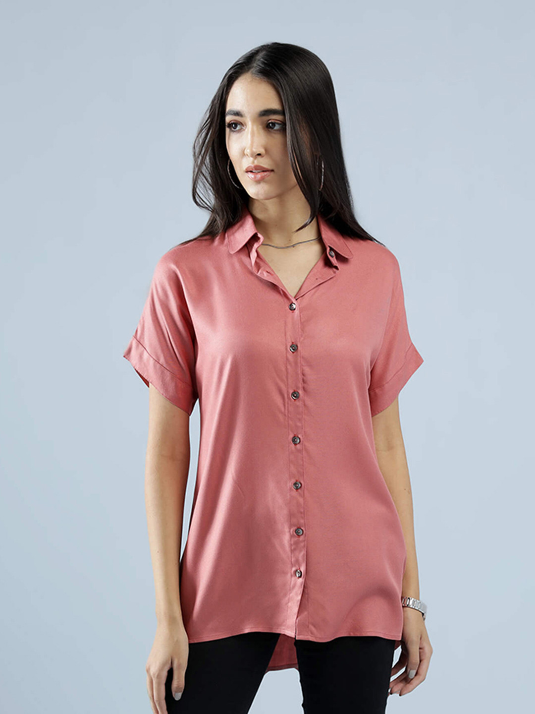 

IDK Shirt Collar High-Low Hem Shirt Style Top, Peach