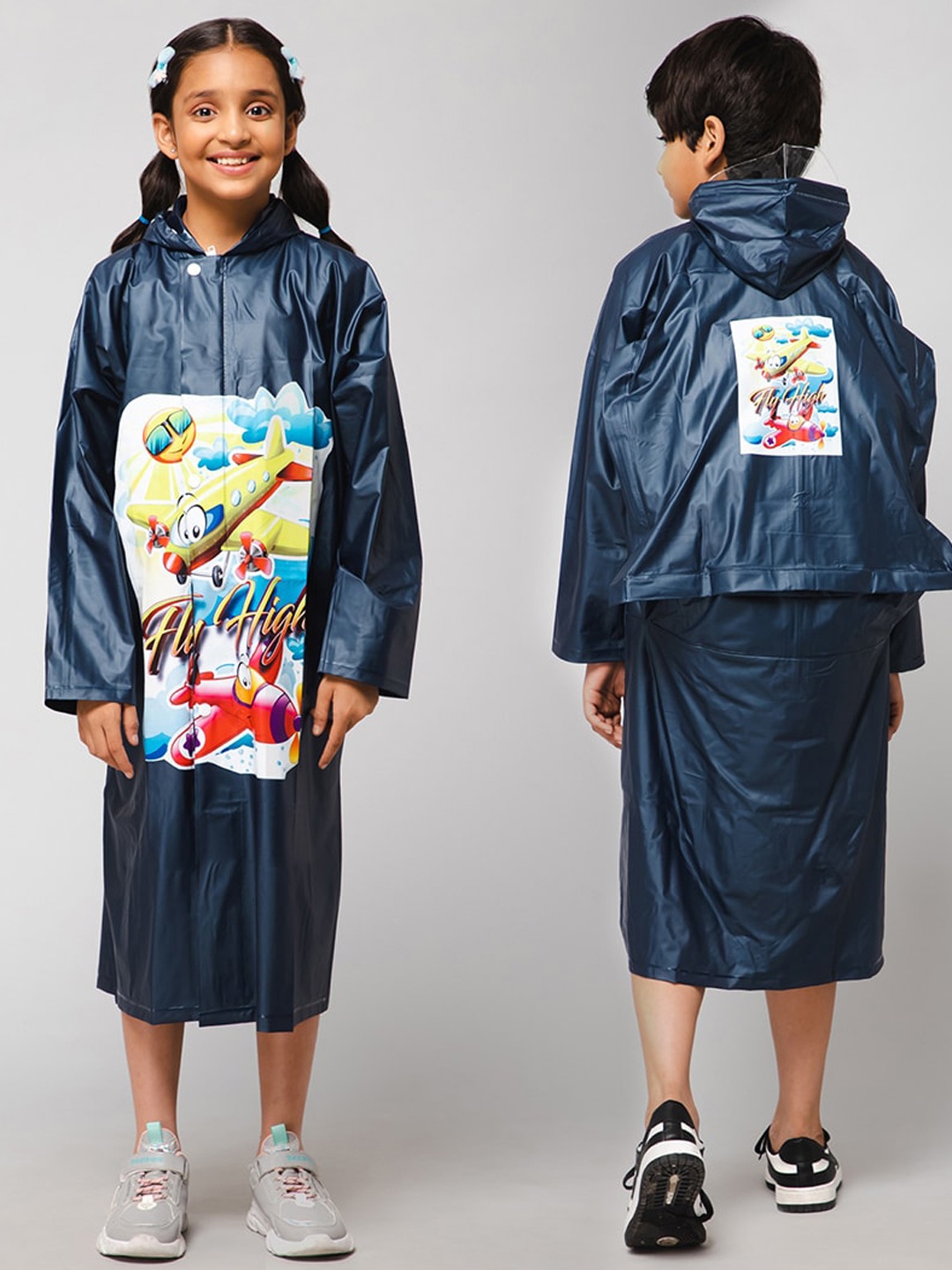 

THE CLOWNFISH Kids Printed Hooded Waterproof Rain Suit, Navy blue