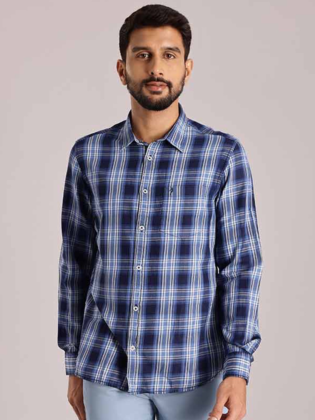 

Indian Terrain Chiseled Slim Fit Tartan Checks Pure Cotton Casual Shirt, Blue