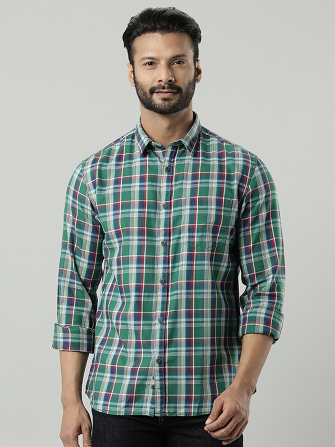 

Indian Terrain Chiseled Slim Fit Checked Pure Cotton Casual Shirt, Green