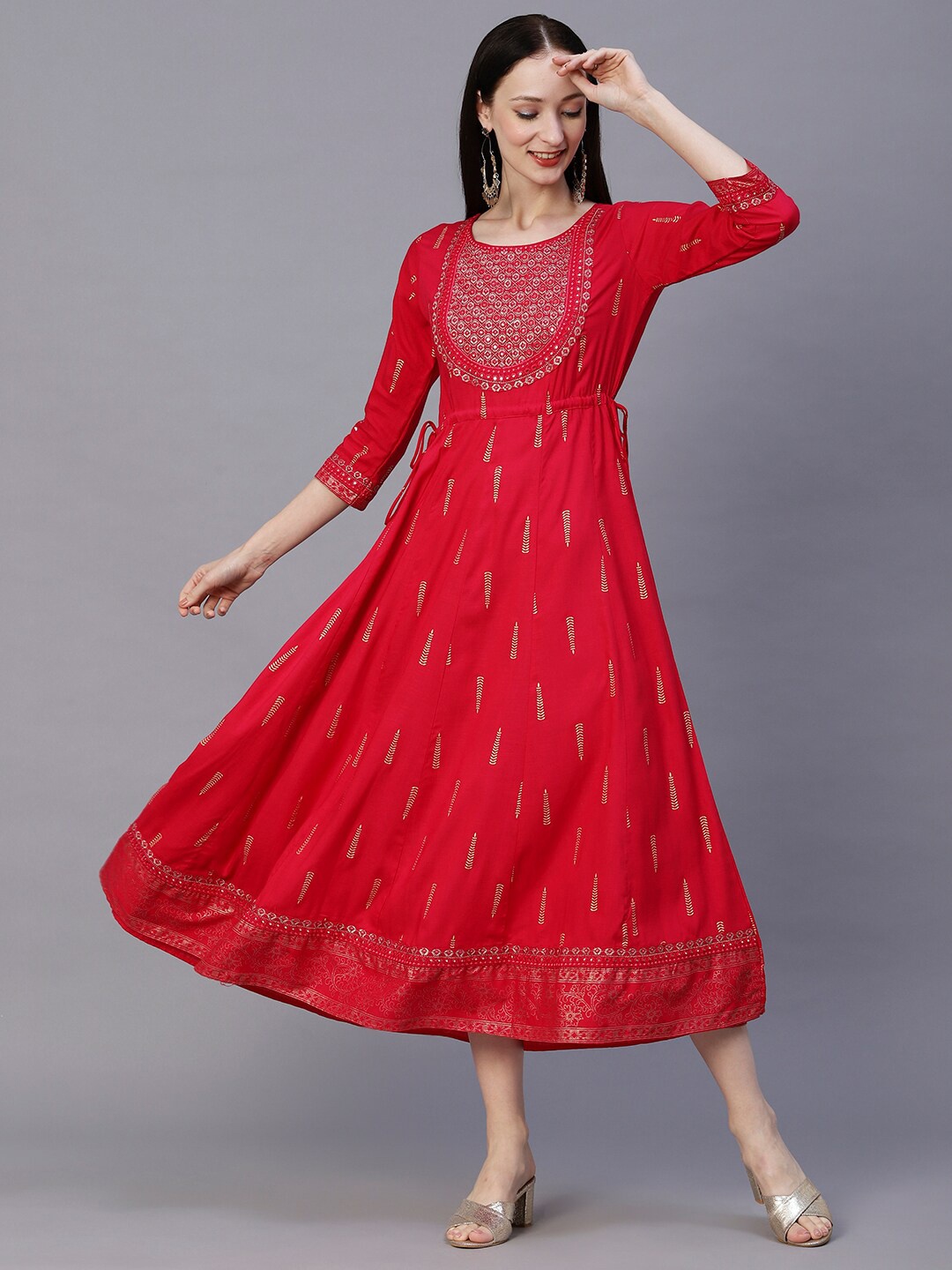 

FASHOR Red Ethnic Motifs Embroidered A-Line Midi Dress