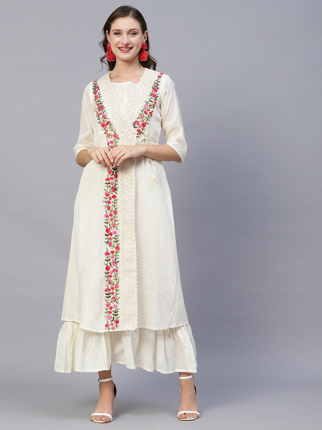 

FASHOR Off White Floral Embroidered Cotton Maxi Dress