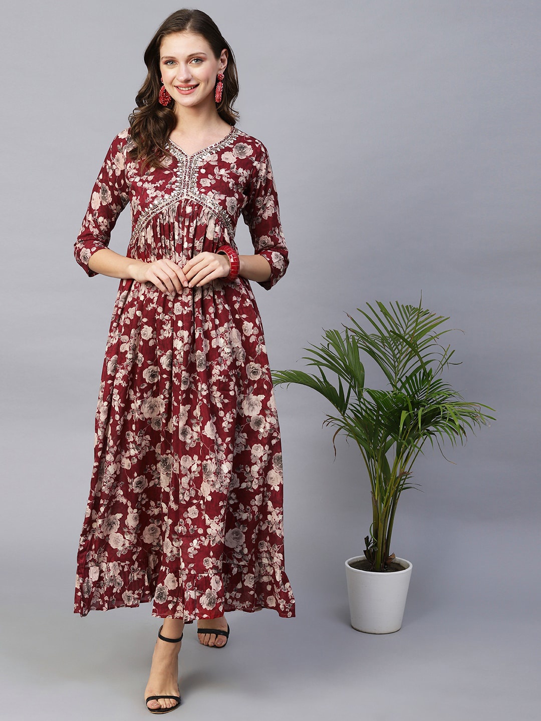 

FASHOR Maroon & White Colour Floral Printed Mirror Work Cotton Empire Ethnic Dress