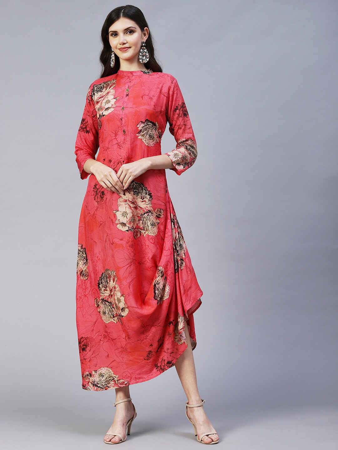 

FASHOR Red Floral Printed Silk A-line Midi Dress