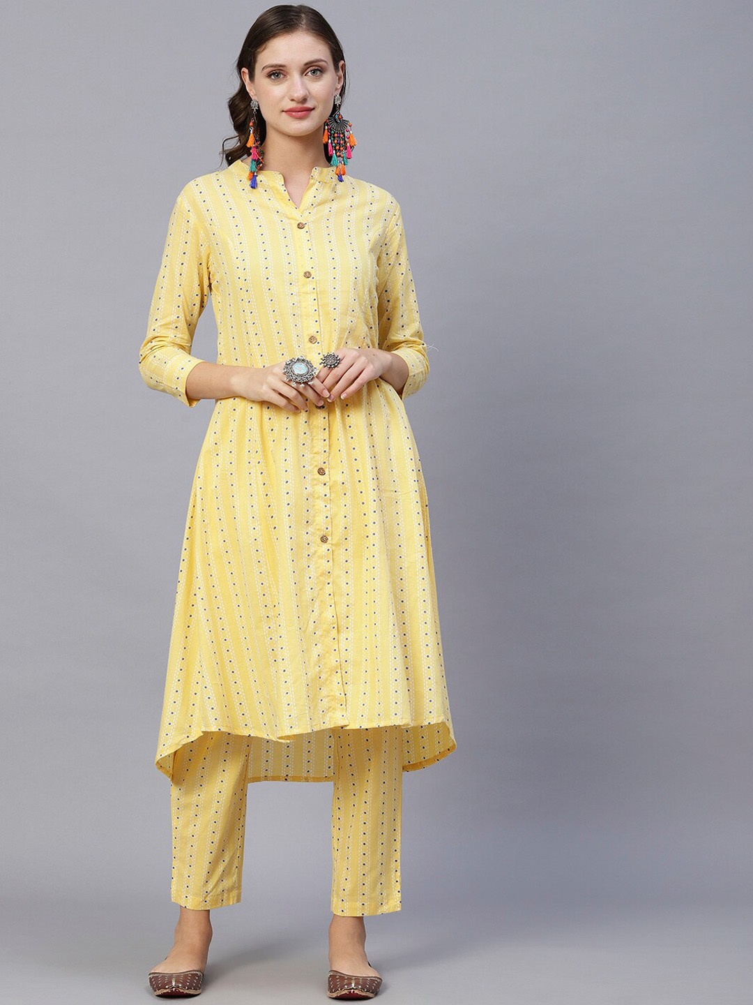 

FASHOR Women Yellow & Blue Printed Pure Cotton Kurta With Trousers