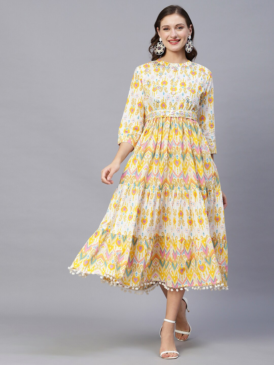 

FASHOR Yellow Paisley Ethnic Motifs Printed Embellished Cotton Midi Dress