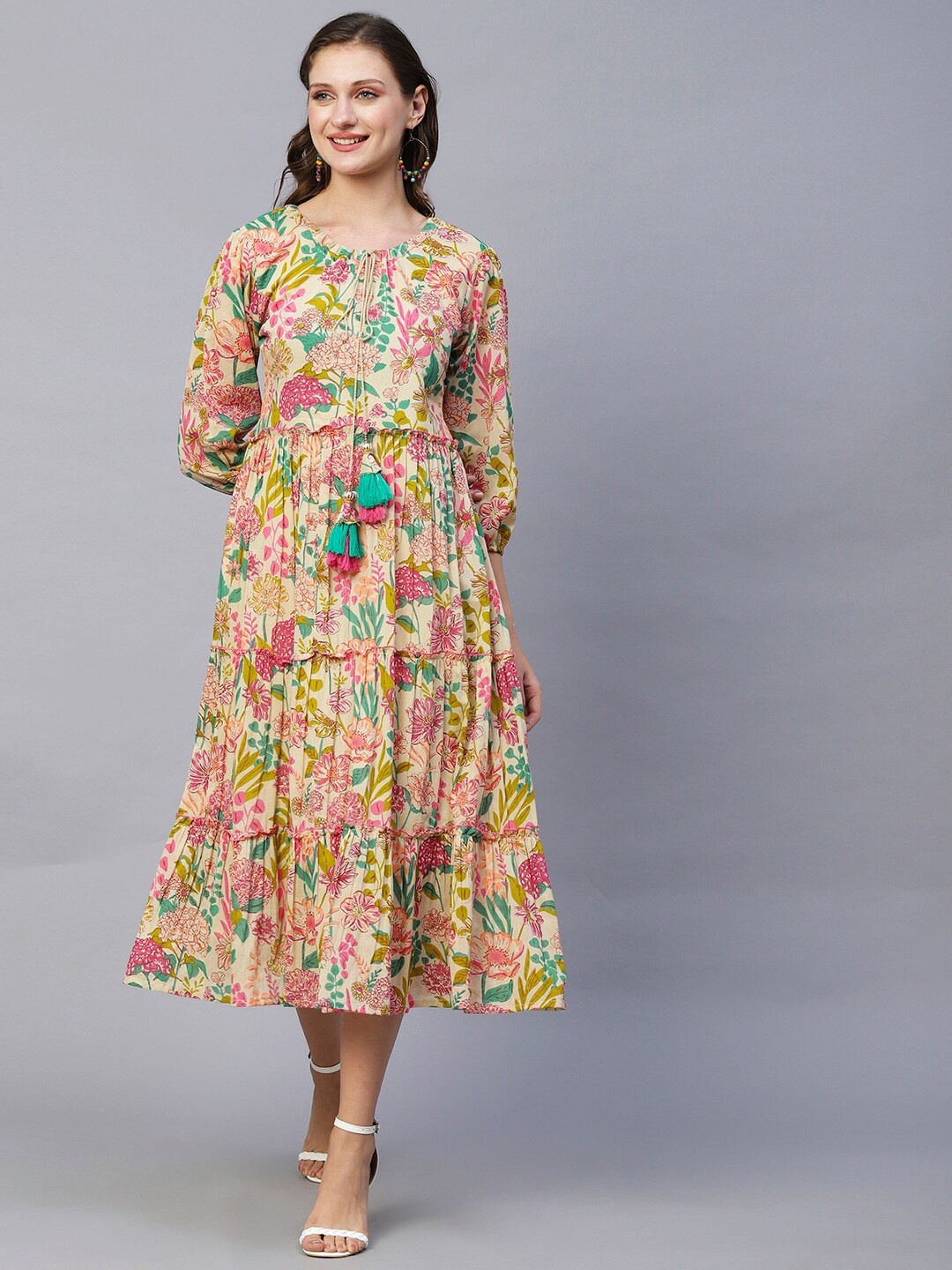 

FASHOR Beige Floral Printed Tie-Up Neck Tiered Cotton A-Line Midi Dress