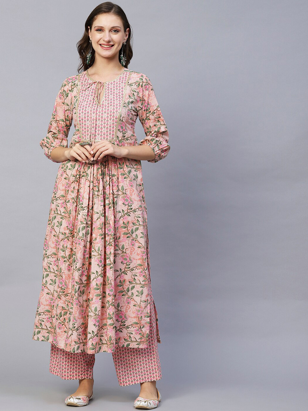 

FASHOR Pink Floral Printed Pleated Pure Cotton Kurta with Palazzos