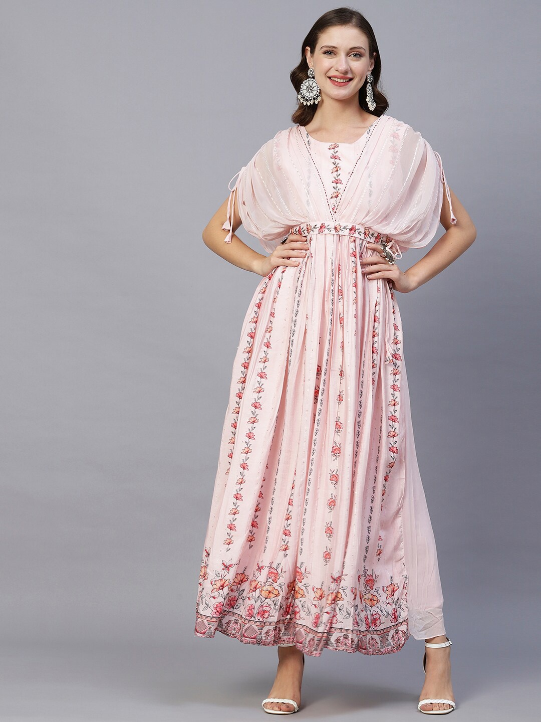 

FASHOR Pink Floral Printed Ruched Sleeve Silk Maxi Dress