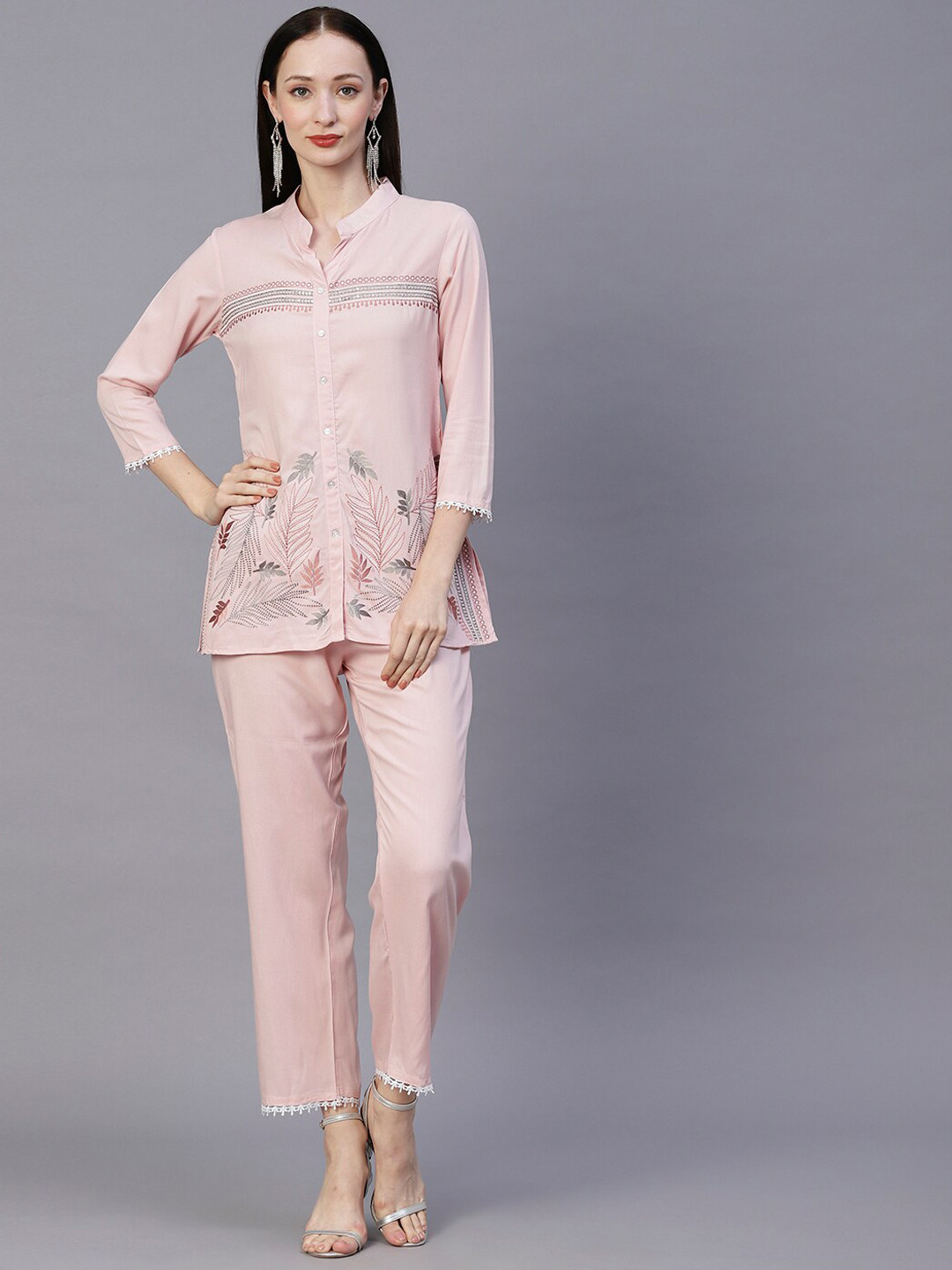 

FASHOR Women Pink Embroidered Regular Kurta with Trousers