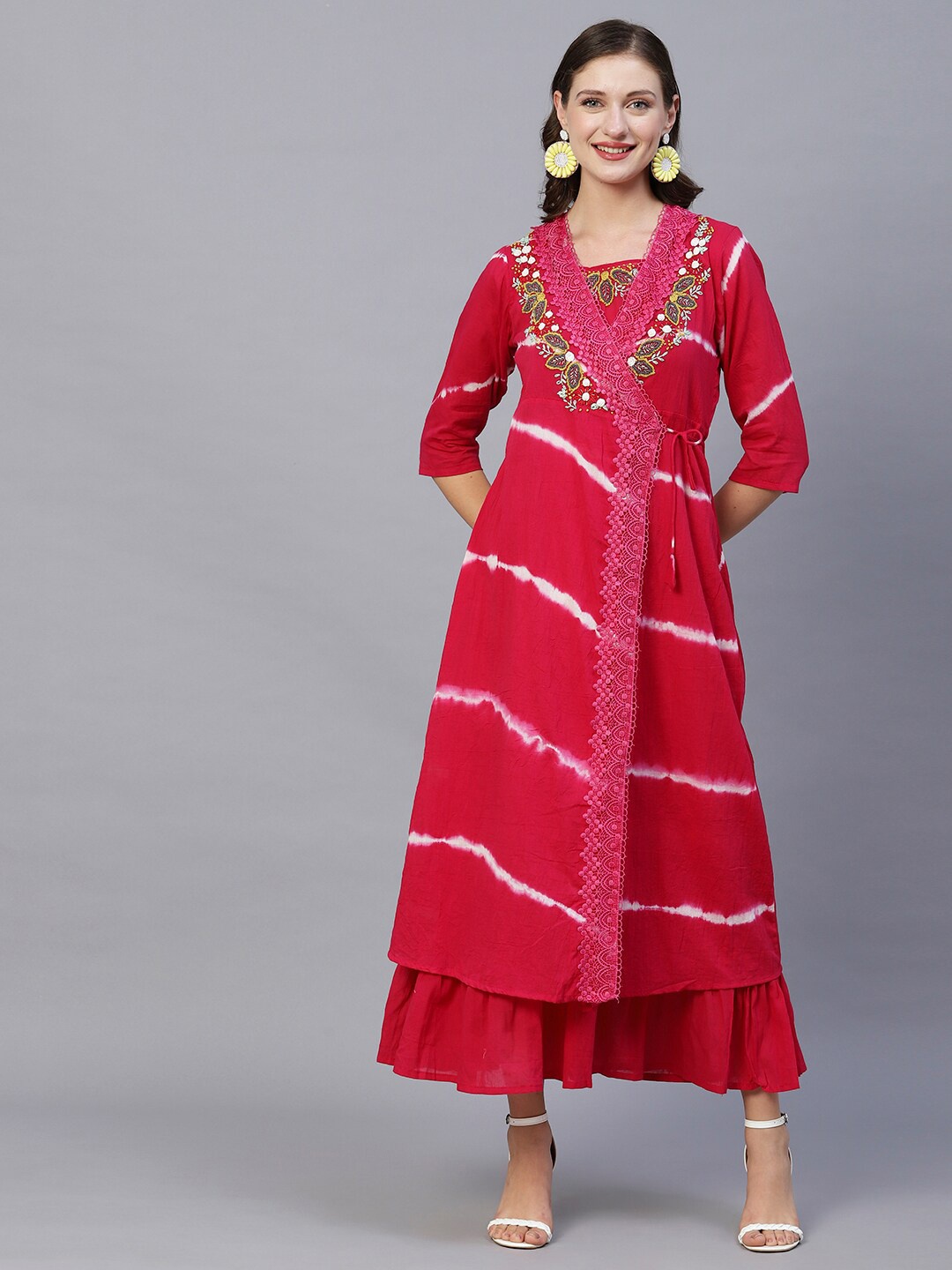 

FASHOR Magenta V-Neck Floral Embroidered Cotton A-Line Maxi Dress