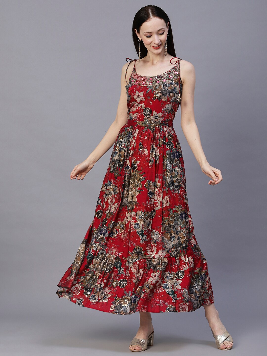 

FASHOR Maroon Floral Printed Embellished Silk Maxi Ethnic Dress