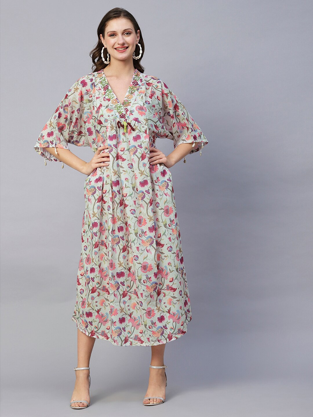 

FASHOR Cream Floral Printed Extended Sleeves Gathered Details A-Line Dress