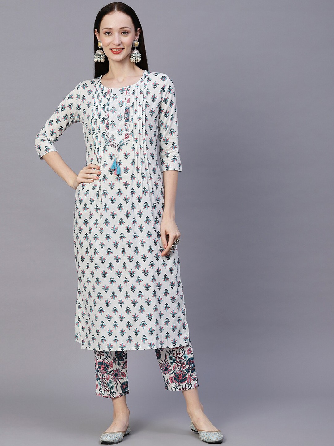 

FASHOR White Floral Printed Regular Pure Cotton Kurta with Trousers