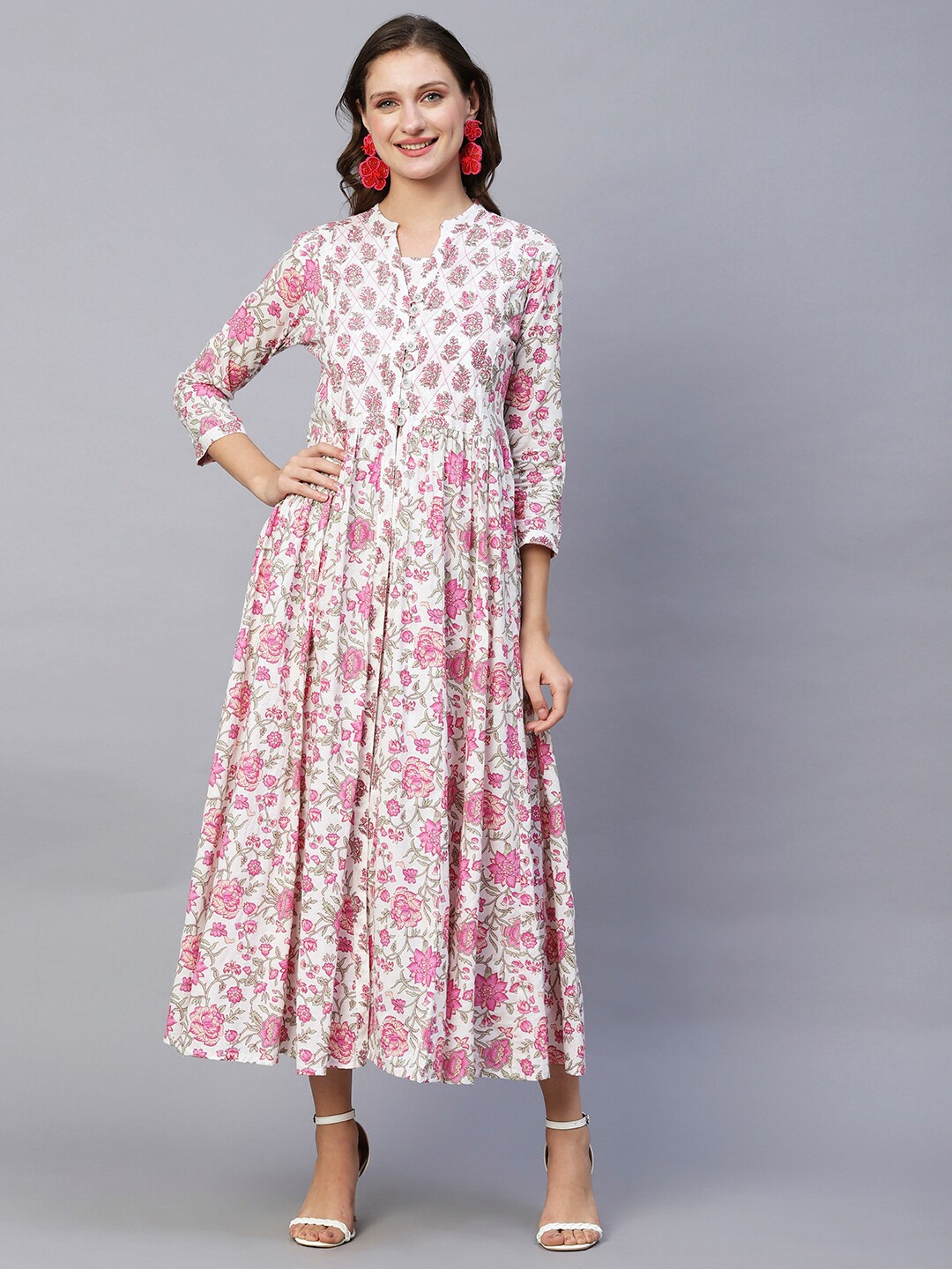 

FASHOR White Floral Printed Mandarin Collar Cotton A-Line Dress