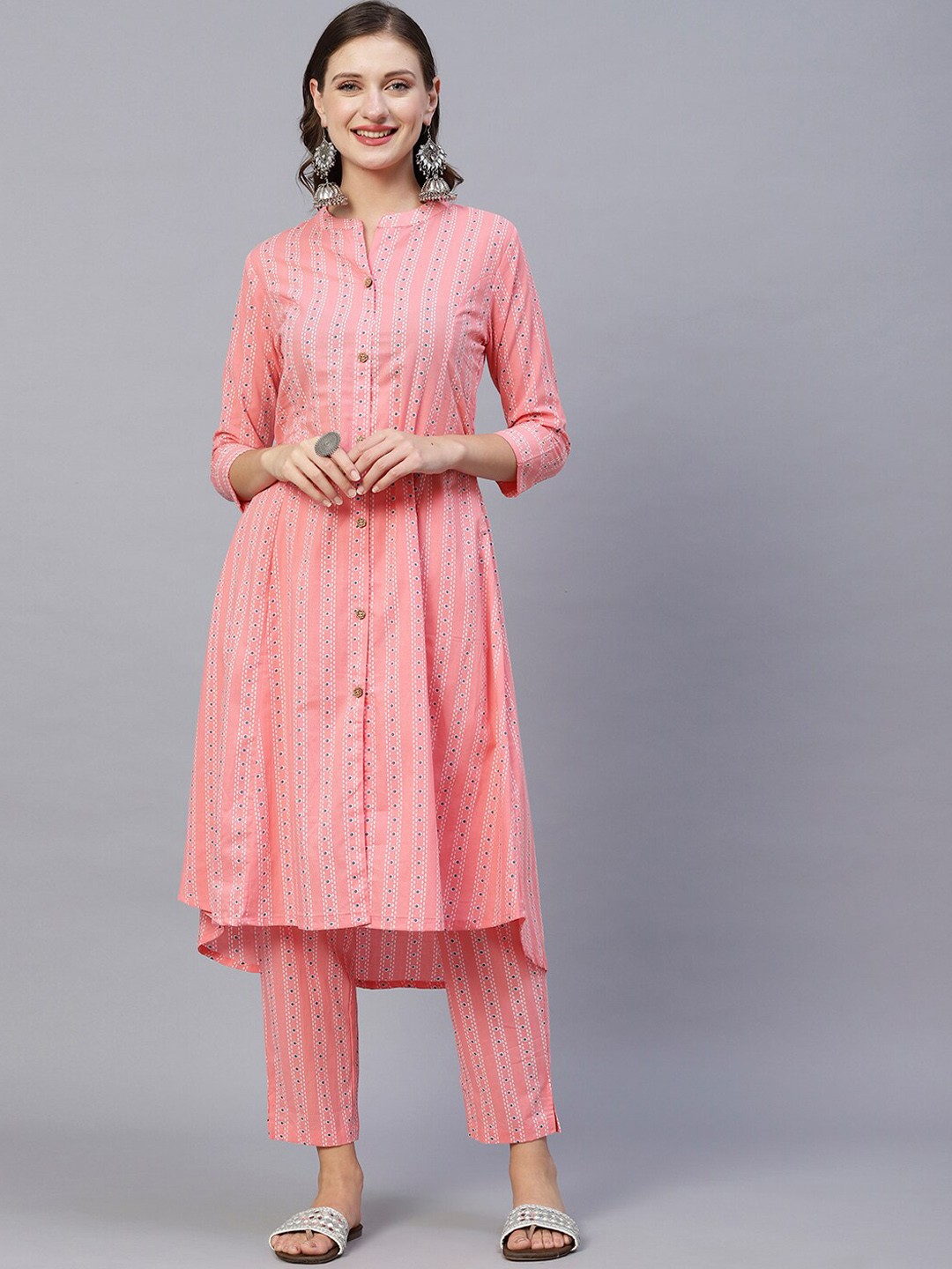 

FASHOR Peach-Coloured Printed Panelled Pure Cotton Kurta with Trousers