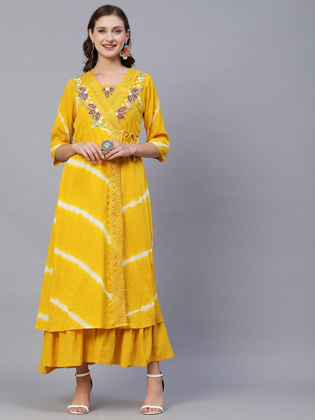 

FASHOR Yellow Colour Tie & Die Dyed Embellished Cotton Layered Fit & Flare Ethnic Dress