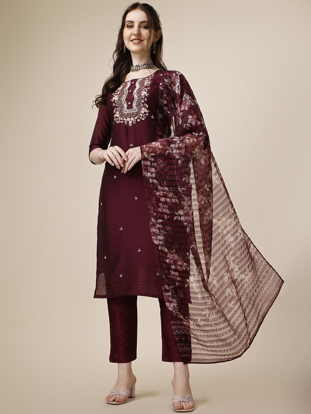 

Berrylicious Ethnic Motifs Thread Work Chanderi Cotton Kurta With Trousers & Dupatta, Maroon