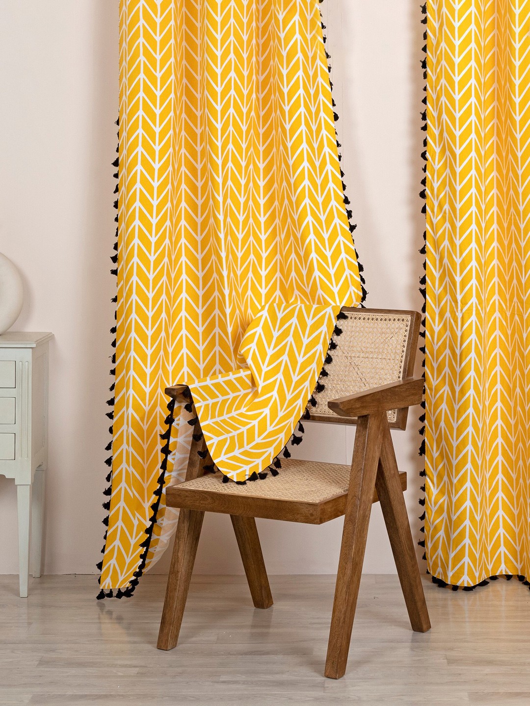 

HOMEMONDE Yellow & White 2 Pieces Geometric Cotton Room Darkening Window Curtains