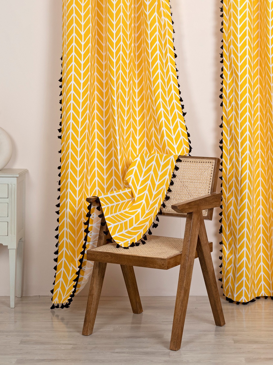 

HOMEMONDE Yellow & White 2 Pieces Geometric Cotton Room Darkening Window Curtains